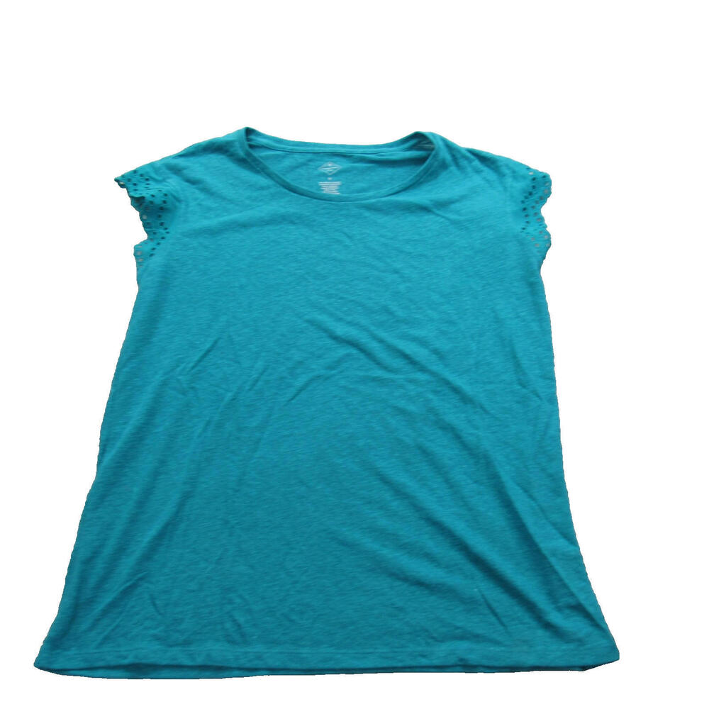 St Johns Bay Shirt Womens Medium Teal Blue Eyelet Sleeve Linen Blend Lightweight